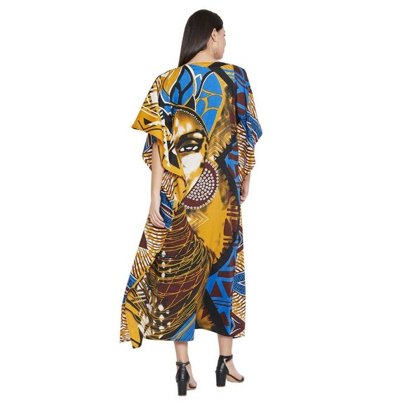 Lady Tribal Printed Caftan Dress Coverup With 3/4 Sleeve for Summer Beach Party - Picture 7 of 8